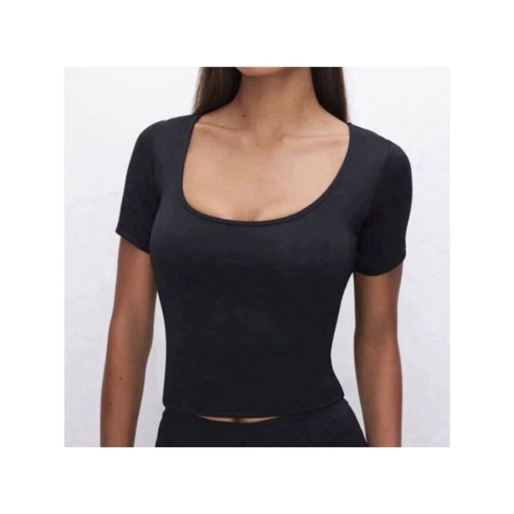 Good American Black Scuba Scoop Crop Tee Shirt Size 2 FLAW